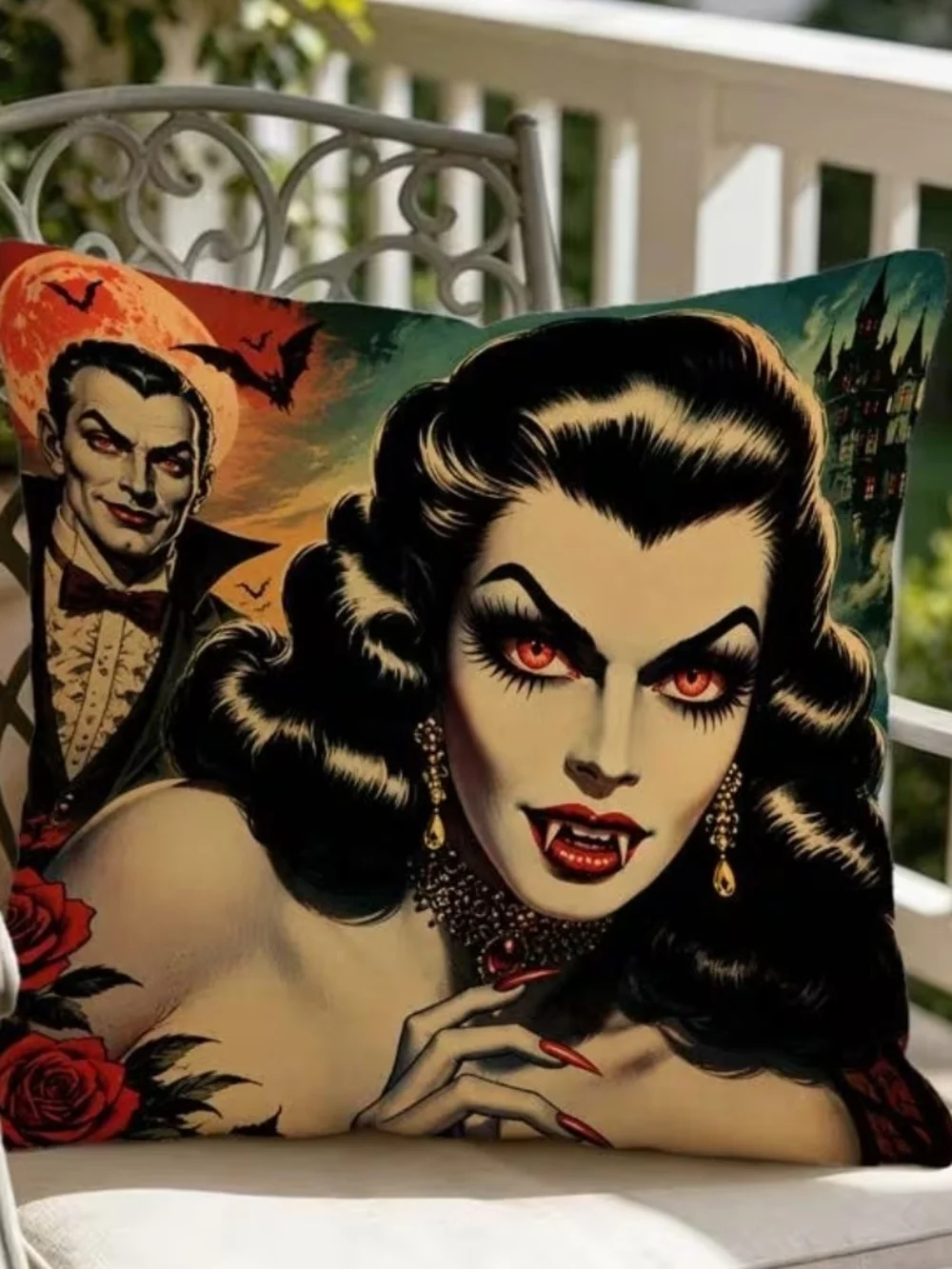 Vintage Vampire Decorative Pillow Cover Only in Black and Red